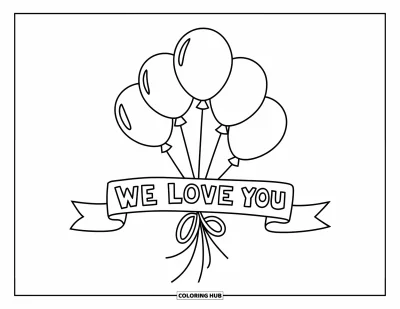 Coloriage « On t'aime » pour enfants : Un bouquet de ballons flotte avec un ruban sur lequel est écrit "We Love You"
