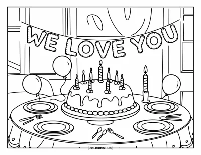 Coloriage « On t'aime » pour enfants : Un gâteau trône sur une table de fête sous une bannière pleine d'amour