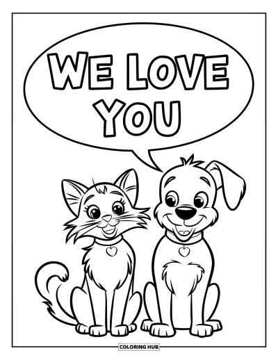Coloriage « On t'aime » pour enfants : Un chat et un chien assis côte à côte partagent un tendre message d'amour