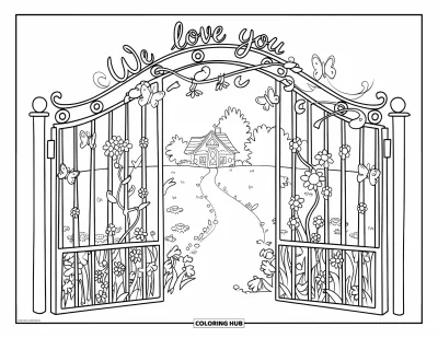 Coloriage « On t'aime » pour enfants : Un portail charmant s'ouvre sur un champ de fleurs et des vœux chaleureux