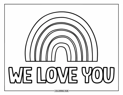 Coloriage « On t'aime » pour enfants : Un arc-en-ciel joyeux envoie un grand message d'amour plein de bonne humeur