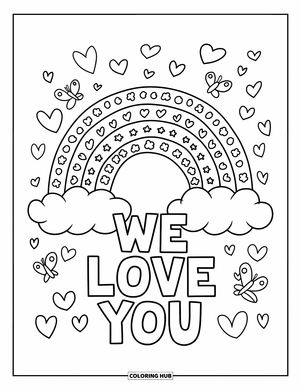 We Love You Coloring Page for Kids: A cheerful rainbow with clouds and hearts shares a loving note