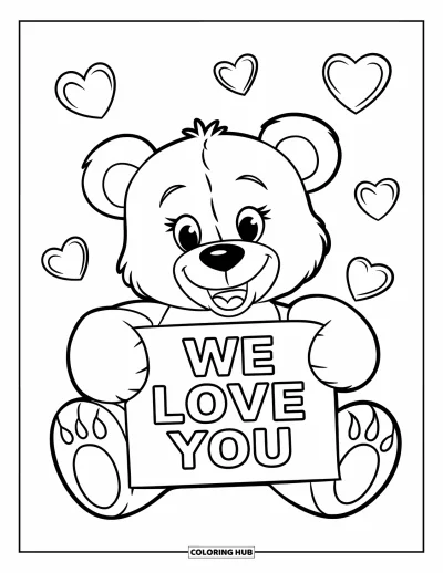 Coloriage « On t'aime » pour enfants : Un ourson souriant entouré de cœurs et d'un tendre message d'amour