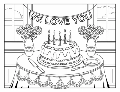 Coloriage « On t'aime » pour enfants : Un gâteau décoré transmet un message affectueux lors d'une belle fête