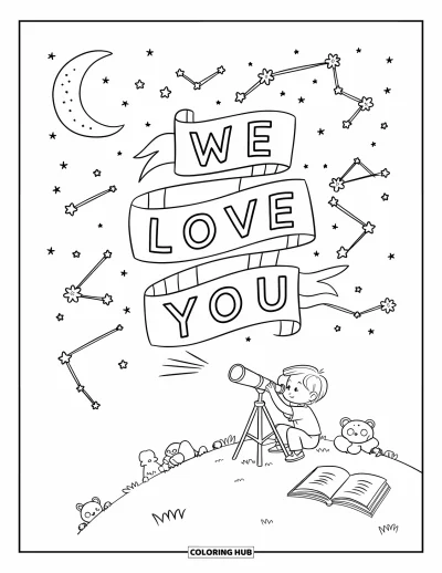 Coloriage « On t'aime » pour enfants : Un ciel étoilé épelle l'amour tandis qu'un enfant observe à travers un télescope