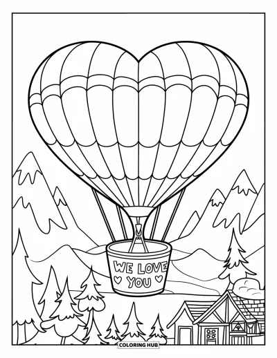 Coloriage « On t'aime » pour enfants : Un ballon en forme de cœur envoie de l'amour depuis les hauteurs