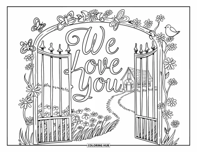 Coloriage « On t'aime » pour enfants : Un portail de jardin s'ouvre sur l'amour, des fleurs et un chemin paisible