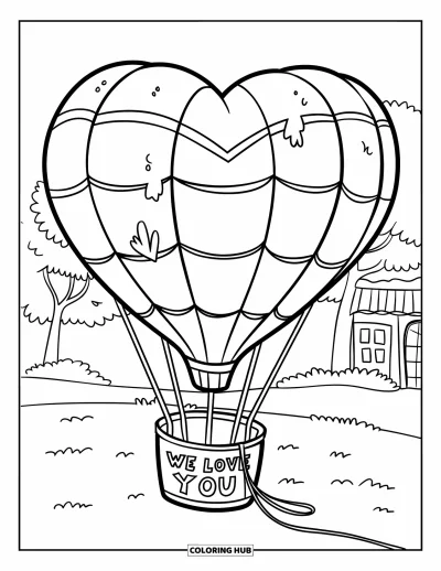 Coloriage « On t'aime » pour enfants : Un ballon en forme de cœur vole au-dessus des arbres et des toits en partageant de l'amour
