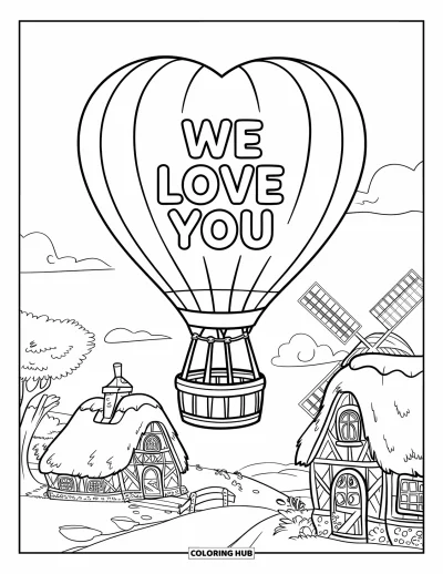 Coloriage « On t'aime » pour enfants : Un ballon en forme de cœur flotte au-dessus d'une charmante scène de village