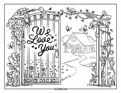 Coloriage « On t'aime » pour enfants : Un joli portail mène vers des fleurs et de l'amour, avec des oiseaux et des papillons