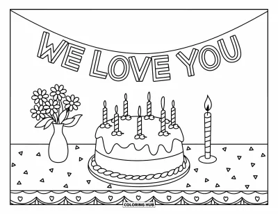Coloriage « On t'aime » pour enfants : Une table de fête avec un gâteau et un panneau « We Love You » plein de tendresse