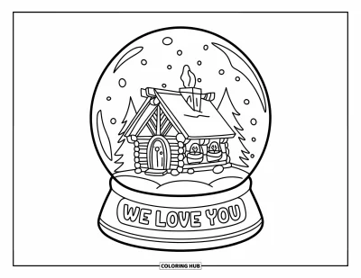 Coloriage « On t'aime » pour enfants : Un globe de neige paisible renferme un chalet chaleureux et un message d'amour