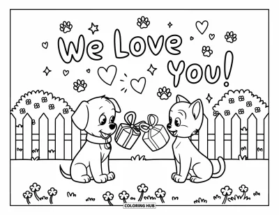 Coloriage « On t'aime » pour enfants : Un chiot et un chaton s'échangent des cadeaux en forme de cœur avec joie et tendresse