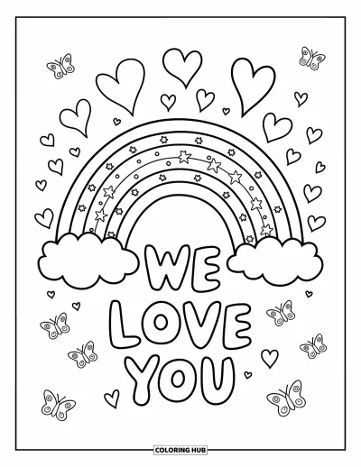 Coloriage « On t'aime » pour enfants : Un arc-en-ciel scintille de cœurs avec un grand message d'amour