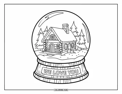 Coloriage « On t'aime » pour enfants : Un globe de neige avec un chalet et des arbres exprime un amour doux et réconfortant