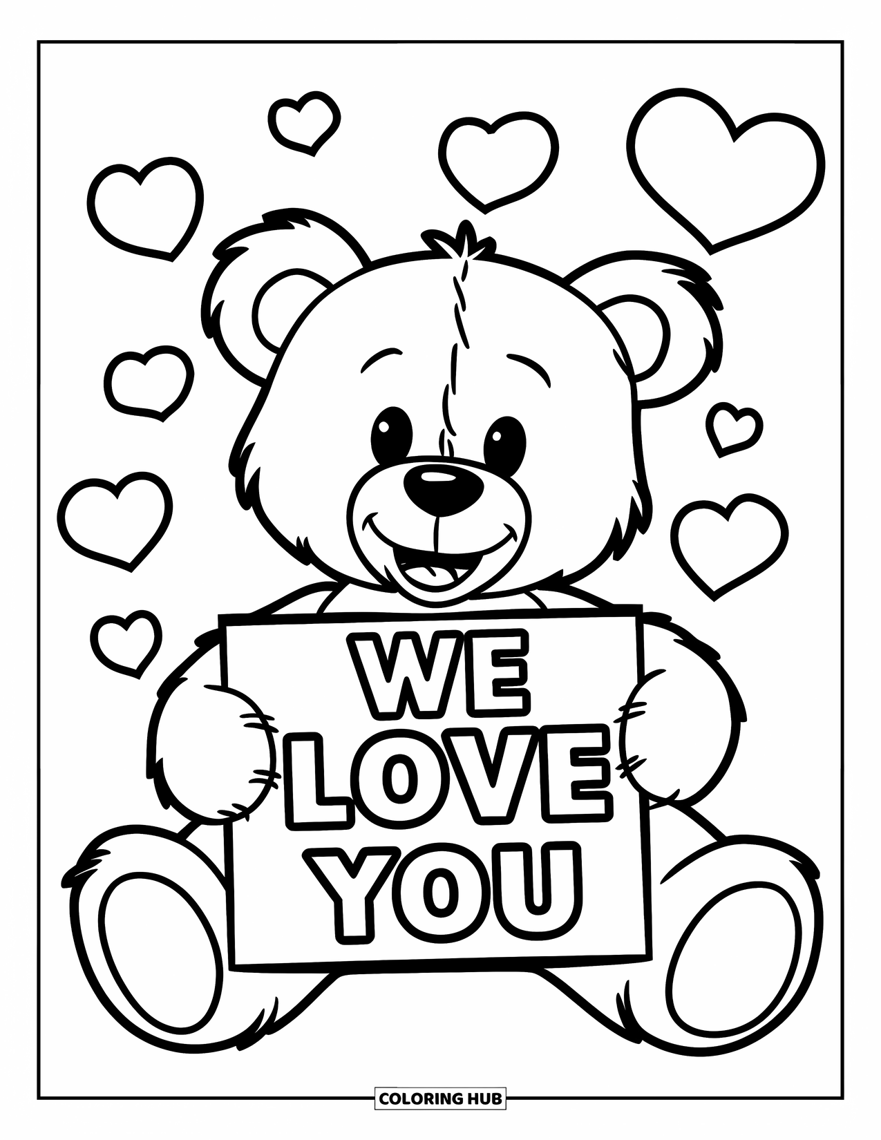 We Love You Coloring Page for Kids: A snuggly teddy bear shares a big message of love