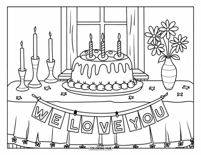 Coloriage « On t'aime » pour enfants : Un gâteau spécial attend sur une table avec des bougies et beaucoup d'amour