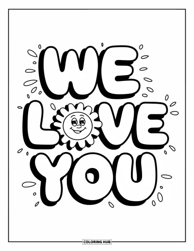 Coloriage « On t'aime » pour enfants : Un visage souriant rayonne au-dessus d'un joyeux message d'amour