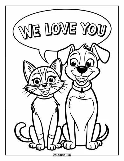 Coloriage « On t'aime » pour enfants : Un adorable chat et un chien se blottissent l'un contre l'autre avec un message d'amour