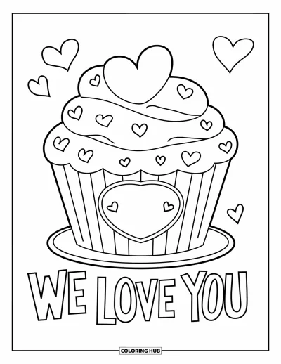 Coloriage « On t'aime » pour enfants : Un adorable cupcake partage de l'amour avec des cœurs et du glaçage