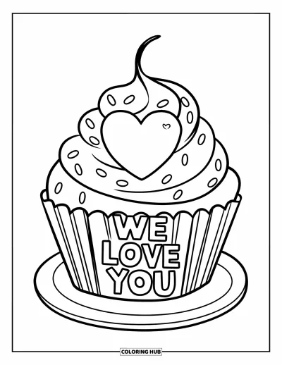 Coloriage « On t'aime » pour enfants : Un délicieux cupcake avec des petits bonbons et le mot « love » sur l'emballage