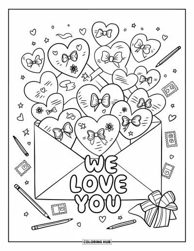 Coloriage « On t'aime » pour enfants : Une enveloppe déborde de petits mots doux, de cœurs et d'amour