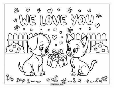 Coloriage « On t'aime » pour enfants : Deux amis à fourrure s'offrent des cadeaux en forme de cœur avec un message d'amour