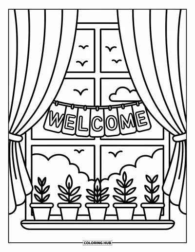 Coloriage de bienvenue pour adultes : Une fenêtre lumineuse avec « WELCOME » et des pots de plantes verdoyants sur le rebord