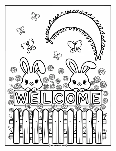 Coloriage de bienvenue pour adultes : Un champ de lapins avec « WELCOME » écrit en grandes lettres accueillantes