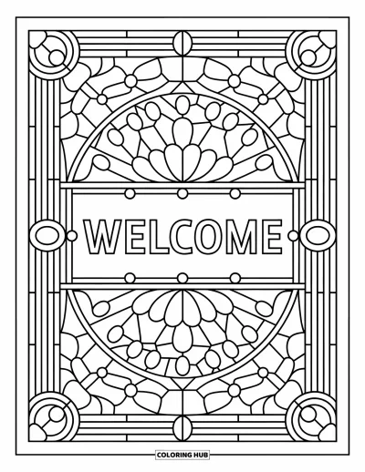 Coloriage de bienvenue pour adultes : Une mosaïque de verre détaillée encadre le mot « WELCOME » en son centre