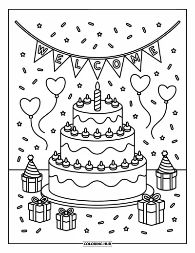 Coloriage de bienvenue pour adultes : Un gâteau festif avec des drapeaux « WELCOME », des cœurs et des ballons flottants
