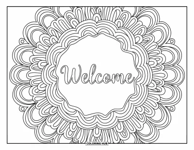 Coloriage de bienvenue pour adultes : Un mandala floral aux fines arabesques entoure le mot « WELCOME »