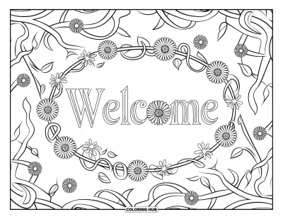 Coloriage de bienvenue pour adultes : Un ovale floral de lianes et de fleurs entoure le mot « WELCOME »