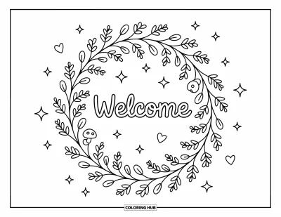 Coloriage de bienvenue pour adultes : Une couronne florale de lianes et de baies encercle le mot « WELCOME »