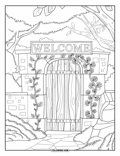 Coloriage de bienvenue pour adultes : Une porte rustique couverte de lianes porte un panneau « WELCOME »