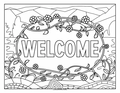 Coloriage de bienvenue pour adultes : Un ovale floral encadre « WELCOME » avec des arbres et des montagnes en arrière-plan