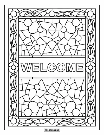 Coloriage de bienvenue pour adultes : Un cadre en vitrail de formes géométriques entoure le mot « WELCOME »