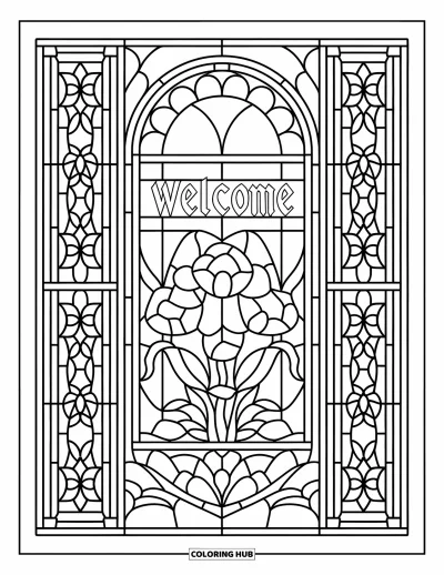 Coloriage de bienvenue pour adultes : Une fenêtre en vitrail affiche « WELCOME » entouré de panneaux floraux