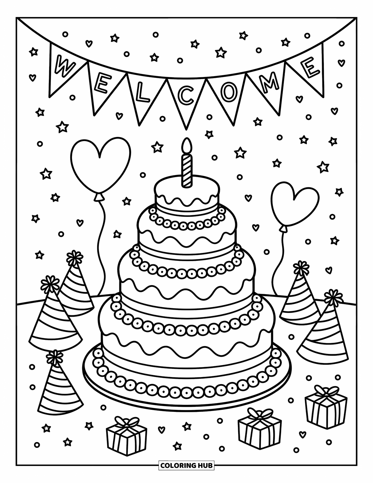 Welcome Coloring Page for Adults: A tall cake with bunting spelling "WELCOME" sits among balloons and gifts