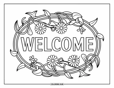 Coloriage de bienvenue pour adultes : Un ovale enroulé de lianes présente « WELCOME » parmi des fleurs épanouies
