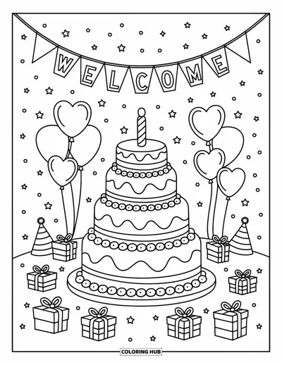 Coloriage de bienvenue pour adultes : Une scène de gâteau « WELCOME » avec des ballons, des guirlandes et des chapeaux de fête