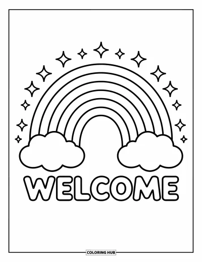 Coloriage de bienvenue pour adultes : Un grand arc-en-ciel surplombe « WELCOME » avec des nuages et des étoiles