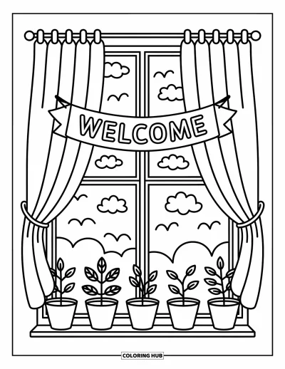 Coloriage de bienvenue pour adultes : Une fenêtre aux rideaux écartés révèle une banderole « WELCOME »