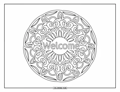 Coloriage de bienvenue pour adultes : Un mandala circulaire très détaillé encadre un chaleureux « WELCOME »