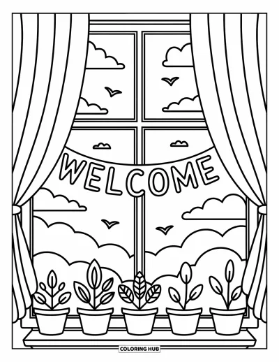 Coloriage de bienvenue pour adultes : Des rideaux et des plantes en pot encadrent une vue ensoleillée avec « WELCOME »