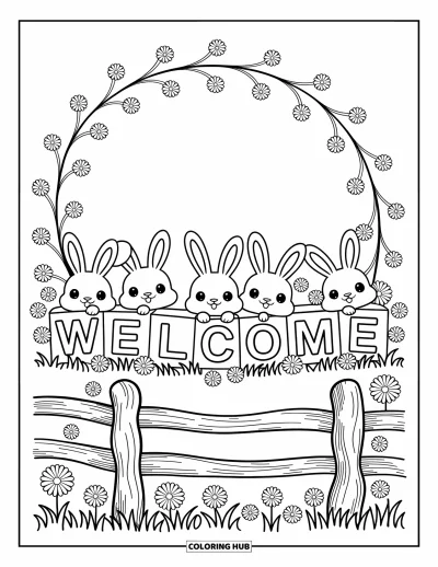 Coloriage de bienvenue pour adultes : De jolis lapins et des marguerites entourent des cubes « WELCOME » ludiques