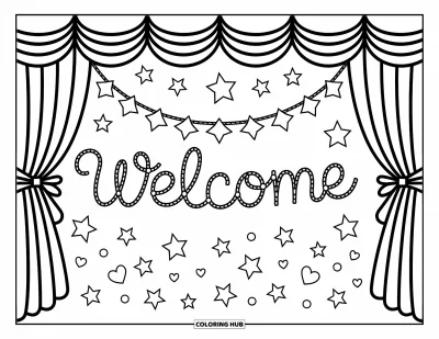 Coloriage de bienvenue pour adultes : Des rideaux drapés révèlent « WELCOME » sous des étoiles scintillantes et des nœuds