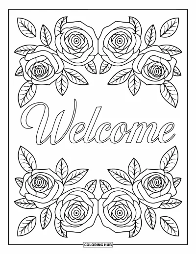 Coloriage de bienvenue pour adultes : De belles roses et des feuilles encadrent « WELCOME » en lettres cursives gracieuses