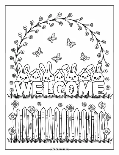Coloriage de bienvenue pour adultes : Des cubes de lettres épelant « WELCOME » parmi des fleurs et des lapins