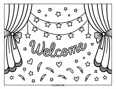 Coloriage de bienvenue pour adultes : De doux rideaux et des étoiles encadrent un « WELCOME » ludique au centre